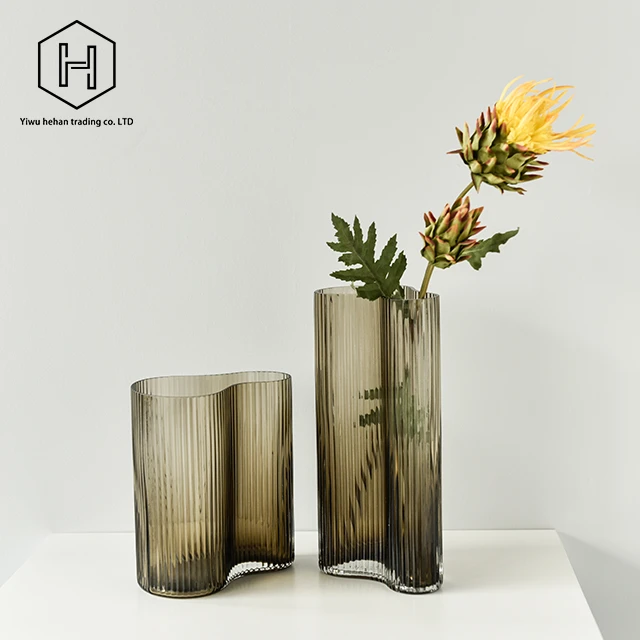 Modern simple irregular curved water corrugated amber glass vase flower ware hydroponic blue glass vase