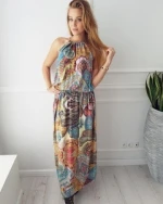 Multicolor Floral Print Button Split Front Flare Beach Wear Boho Maxi Dress Women Short Sleeve halter Long Dress