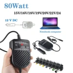 Multifunction Computer Charger Car Charger Laptop Power Universal Adapter 80W with Multi-Tips Cigarette Lighter Connector