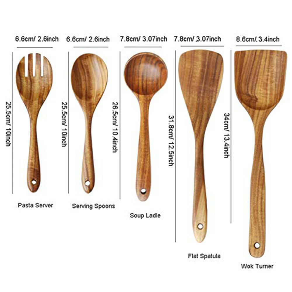 Natural Wooden Utensils Set for Kitchen Wood Cooking Spoons Tools for Nonstick Cookware Handmade Natural Teak Wood