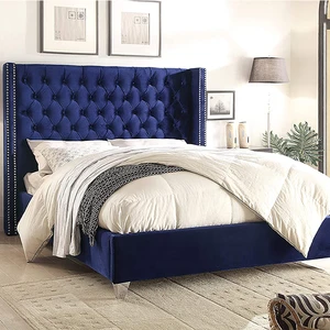 Navy blue hotel bed room furniture solid wood king size chesterfield fabric tufted couple sleeping double velvet bed