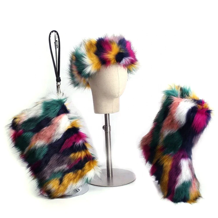 New Design Women Winter Fluffy Faux Fur Boots With Headband And Bag