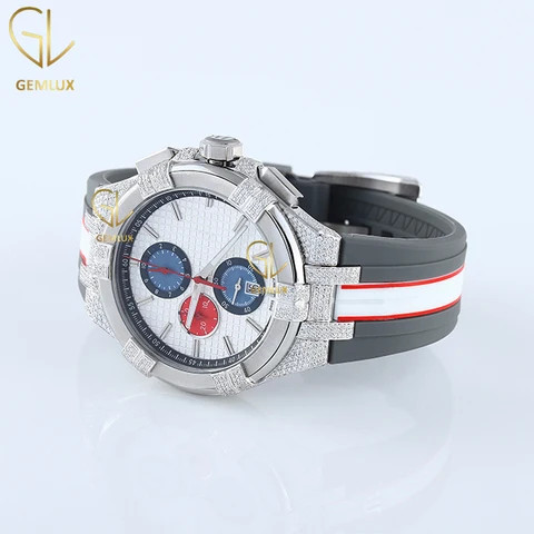 New Trendy Chronograph Made Dial D VVS Round Brilliant Cut Real Moissanite Diamond Rubber Strap Quartz Watch For Men
