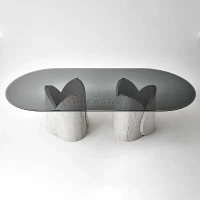 Newstar Italian Light Luxury Dining Room Table Glass Top Natural Stone Oval Table Creative Tea Table Dining Table