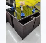 Outdoor 9-piece set of garden table and chair dining room rattan iron shelf glass surface patio garden waterproof furniture