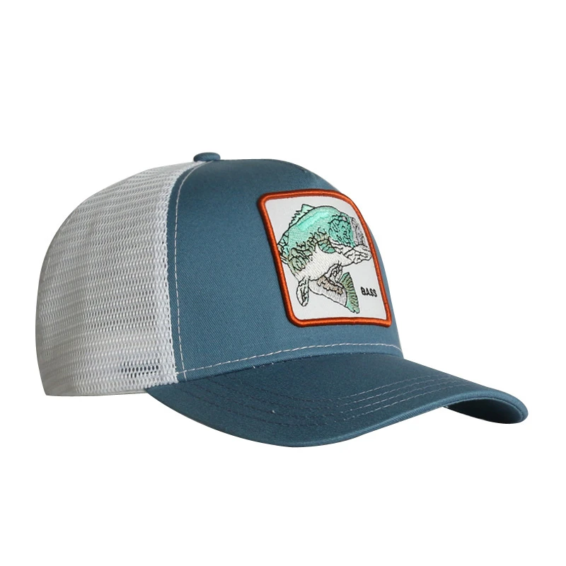 Promotion flat cap , custom logo Fish embroidery Patch Mesh Trucker Hat Snapback Cap