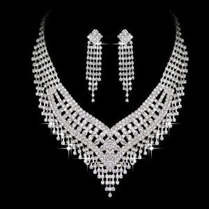 Queena Fashion Simple Crystal Diamond 2PCs Necklace Ring Bridal Jewelry Set