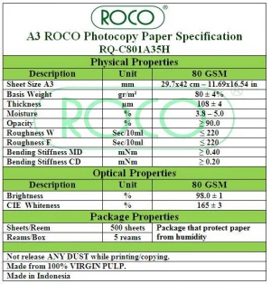 ROCO Premium Copy Paper Plain, White, A3, 80GSM, 500 Sheets