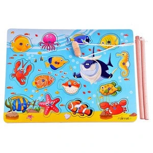 Buy Rolimate 14-piece Wooden Kids Magnetic Fishing Toy Set 3d