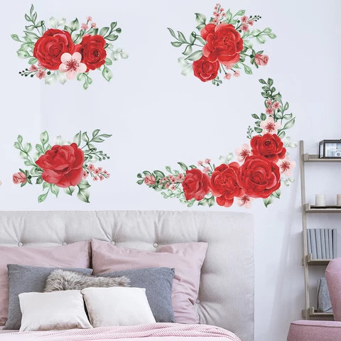 Romantic Rose Wall Sticker Blooming Red Flowers Living Room Wallpaper Bedroom Wall Decal Self Adhesive TV Background Mural