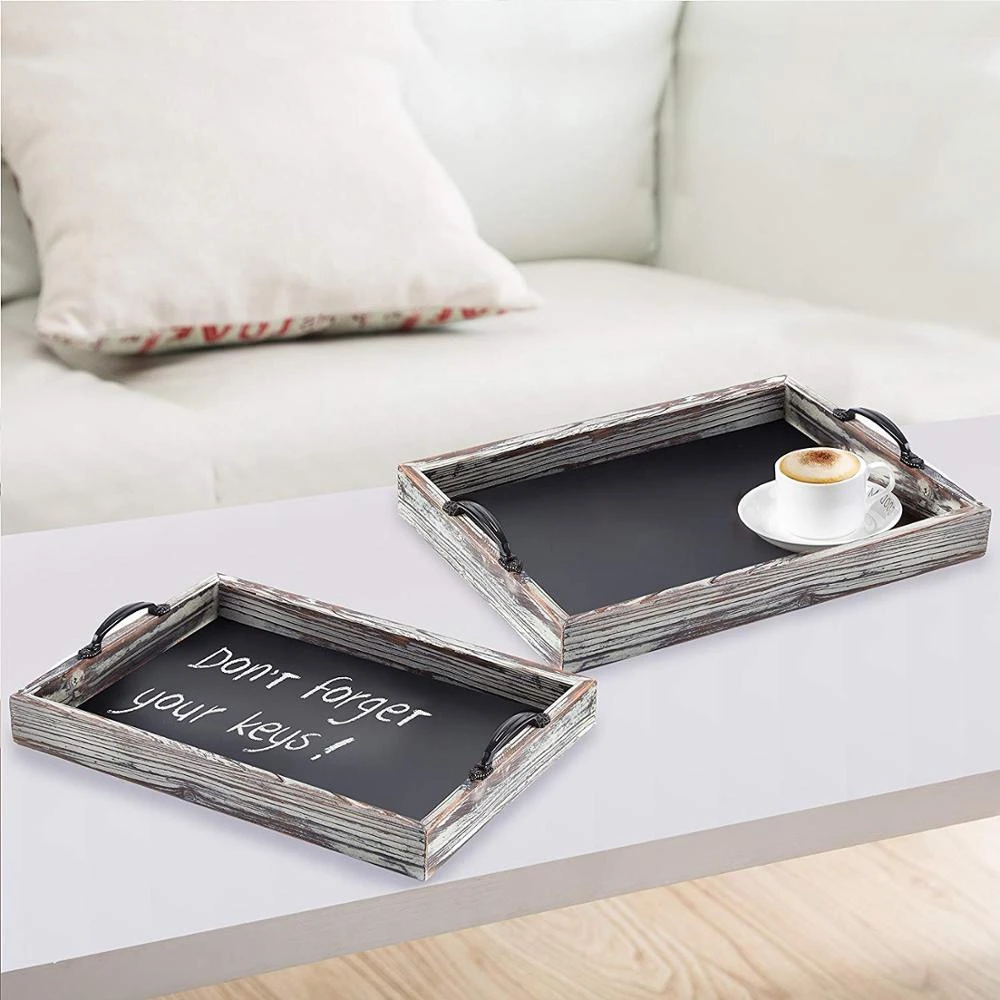 Rustic Style Wood Chalkboard Surface Nesting Breakfast Serving Trays with Decorative Handles Set of 2