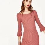 Spring the horn  sleeve Half Sleeves Round Collar Ribbed knitted Long Dress Women Sweater
