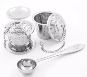 stainless steel tea infuser and strainers baskets with drip trays and spoons (set of 2)