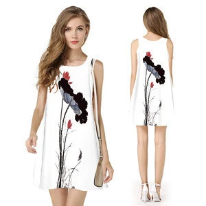 summer new design crew neck chinese ink painting style casual lady dress