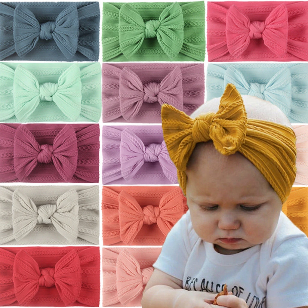 Super soft nylon plain solid color headbands for baby kids children&#x27;s hair accessories ribbed headband bowknot elastic hair band