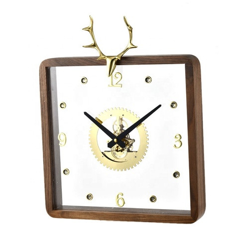 Wall Clock Copper Deer Head Styling Decoration Gift Walnut Wood Framed Home Office Decor Custom Wall Clock