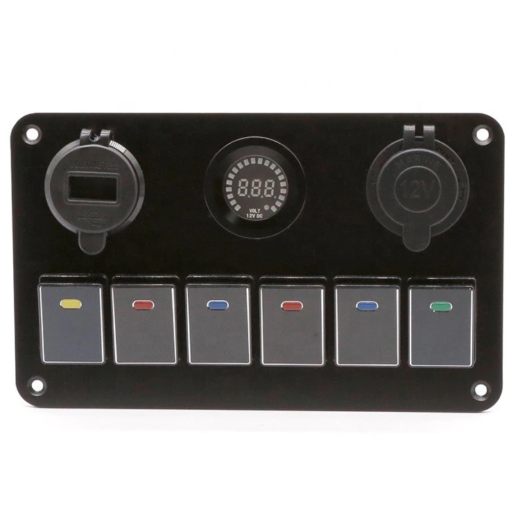 Waterproof 6 Gang Marine Boat Rocker Switch Panel With F Dual USB Slot Socket + Digital Voltage Display + Cigarette
