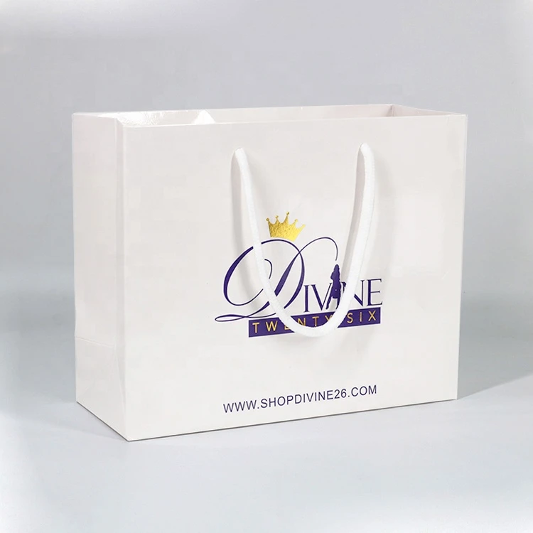 White gloss square clothing shopping  paper bag with pp handle