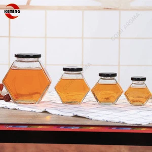 Wholesale  100ml 180ml 280ml 380ml   hexagonal prism Storage tank Honey jar  Candy  glass jar  with Gold tinplate cap