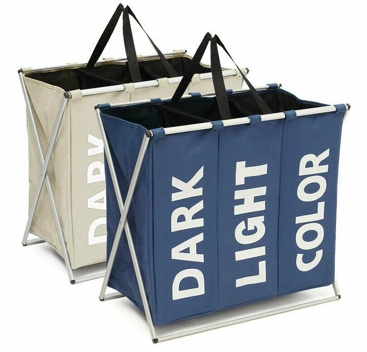 Wholesale 3 Section Collapsible Foldable Laundry Basket Large Box Storage Organizer Hamper Sorter Dirty Clothes Bag for Big Toys