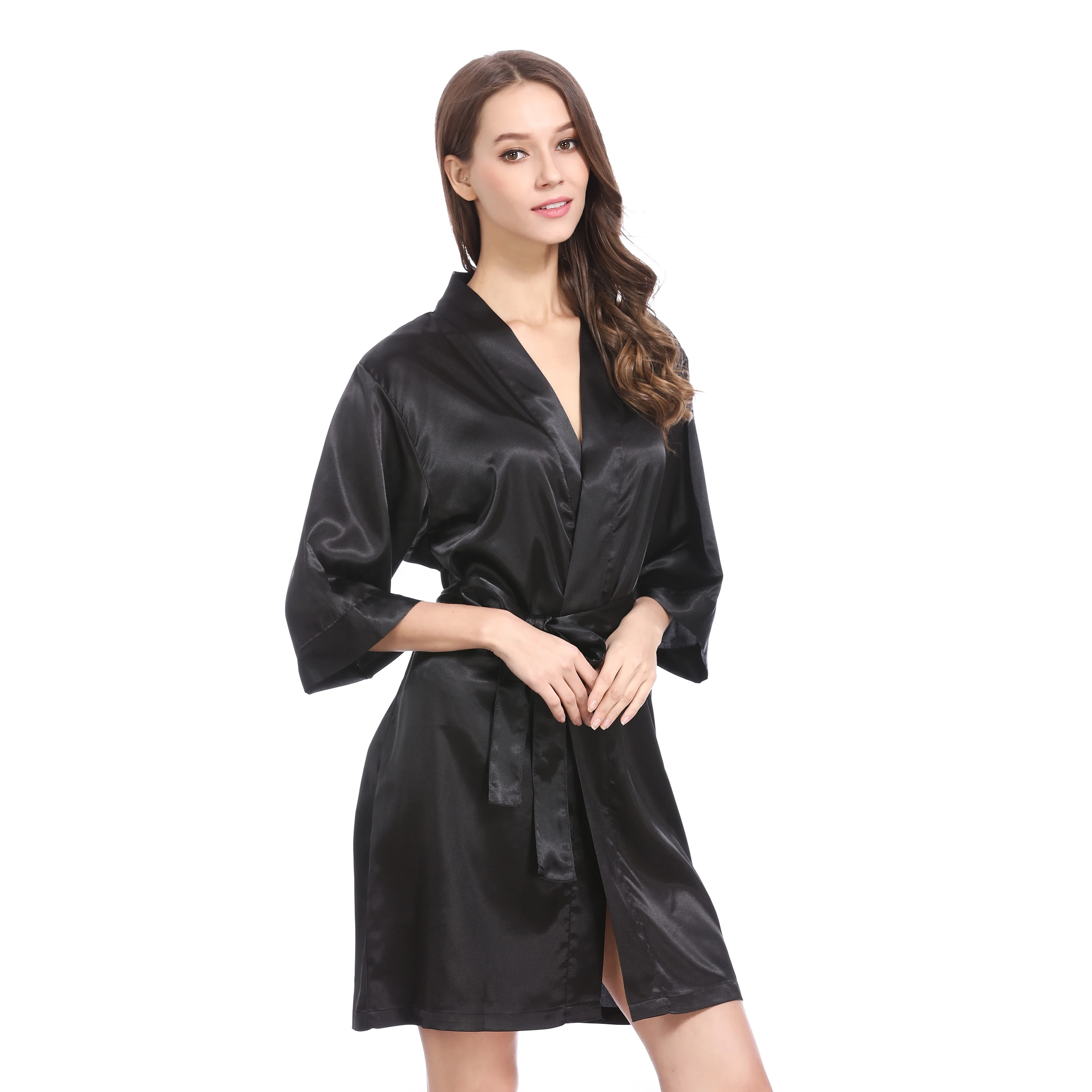 Wholesale Cheap Beautiful Black White Silk Satin Kimono Robe for Wedding Girls Silk Satin Robe Spa Robe