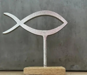 Wholesale Christian Fish Figurine Metal & Wood Ichthys Symbol Christian Fish Communion Gift with natural wood stand handmade