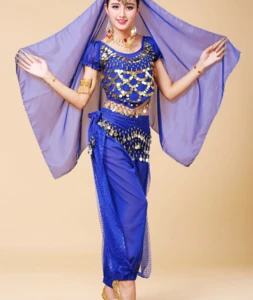 Wholesale high-end Indian costumes set dance performance wear (top + pants + waist chain + headwear shawl)