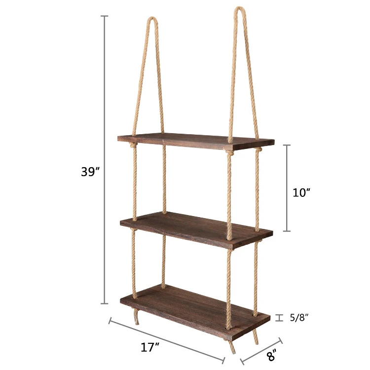 Wholesales hanging storage shelf 3 tier wall shelves with jute rope