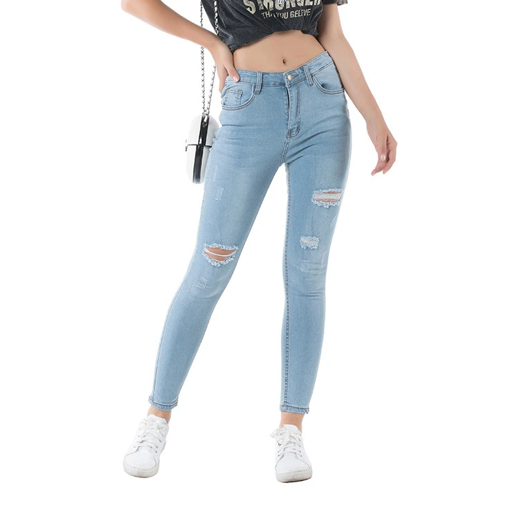 Women casual sexy stretchy washed denim jeans ripped hole skinny blue color womens jeans