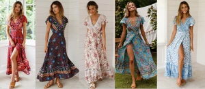 Womens Spring summer new white blue red V neck Beach Holiday Lace Printed bohemian dress floral casual dresses