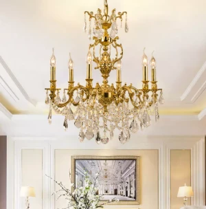 French Style Decorative Living Room Brass Crystal Led Chandeliers Pendant Lights