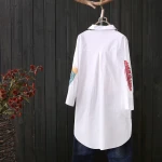 100% Cotton Plus size Feather Embroidery White Long Blouse Women 3/4 Sleeve Art Loose Ladies Office Work Tops Button Down Shirts