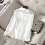 100%Silk Womens Blouse 2021 Spring Summer Blue White Shirt Ladies Turn-down Collar Appliques Lace Patchwork Long Sleeve Shirt