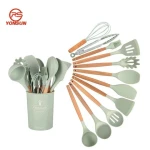 12pcs Silicone Kitchen Utensils Set For Cooking Resistant Spatula Whisk Brush Set Custom Kitchen Accessories with wood handle