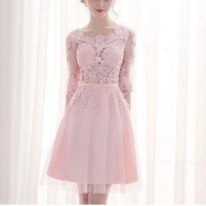 2016 latest fashion design Korean style pink sweet lace long sleeve short wedding dress