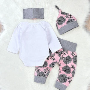 2018 Baby Girl Outfit Newborn Coming Homing Clothing Set 4 Pieces Set Bodysuit +Floral Pant and Hat+ Headband and Pants