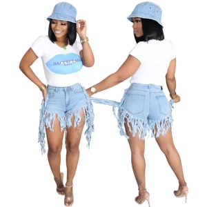 2020 Customized Summer Casual Lady Zipped Button Tassel Women Denim Jean Shorts