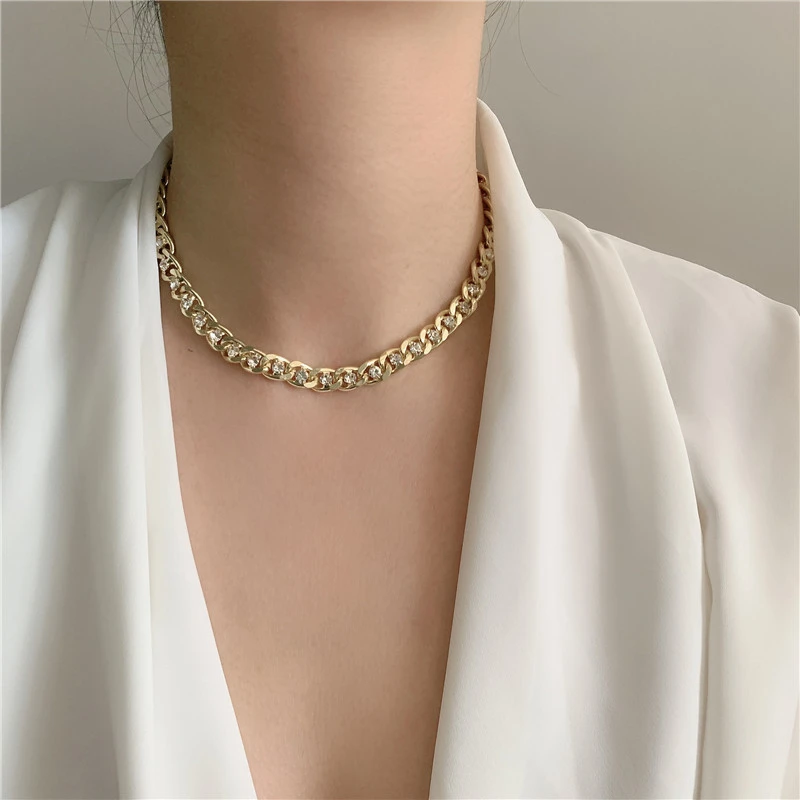 2021 Ins New Design Simple Rhinestone Cuban Chain Necklaces Crystal Wide Link Chain Choker Necklace Bracelet