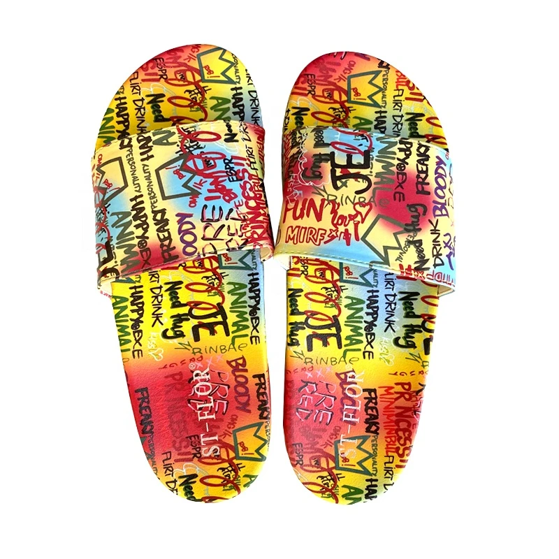 2021 New Design Colorful Letter Print Graffiti Slippers Beach Womens Sandals Flat Shoes