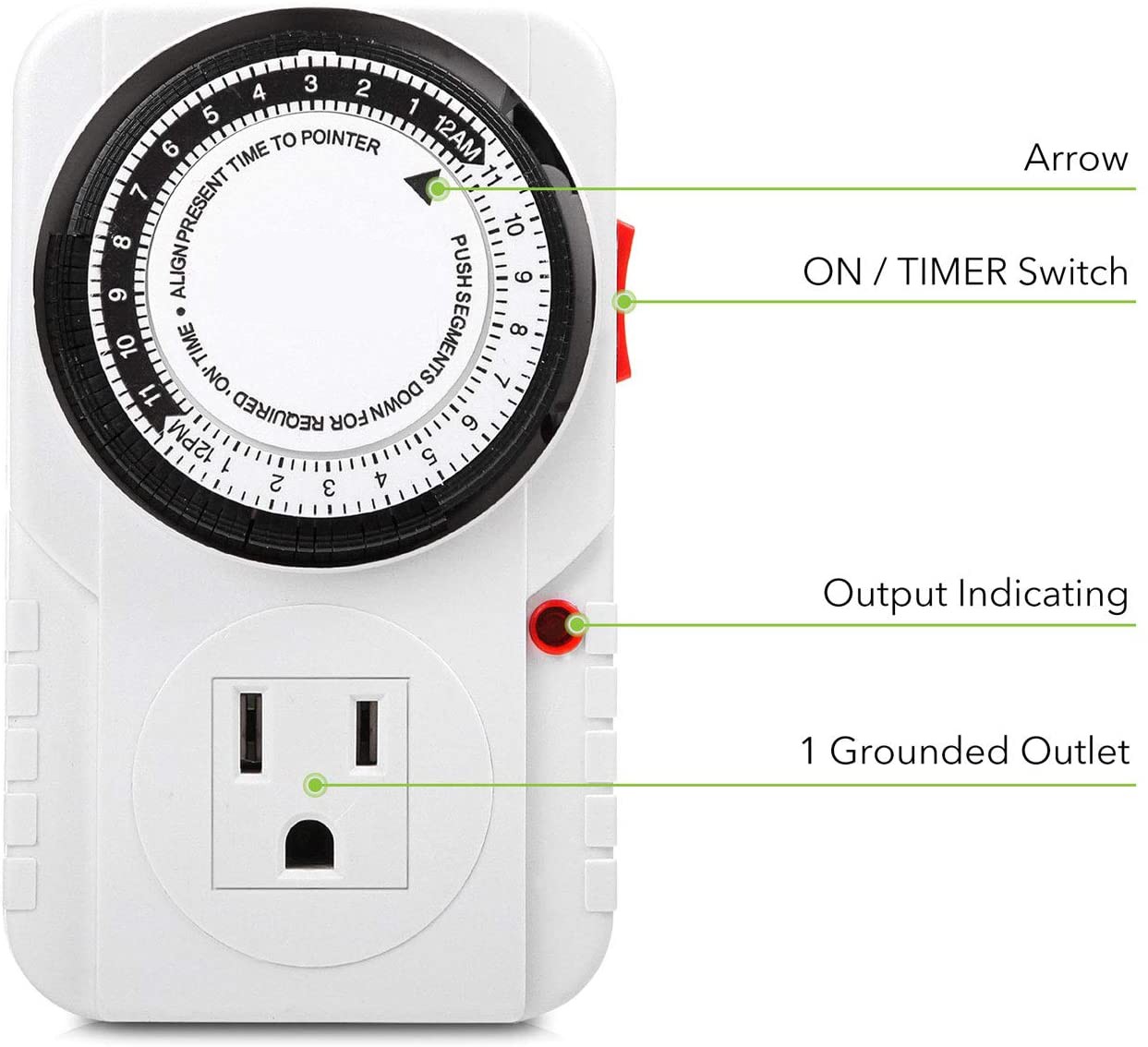 24 Hour Plug-in Mechanical Timer Grounded, Accurate Heavy Duty, 3-Prong for Lamps Fans Christmas String Lights White