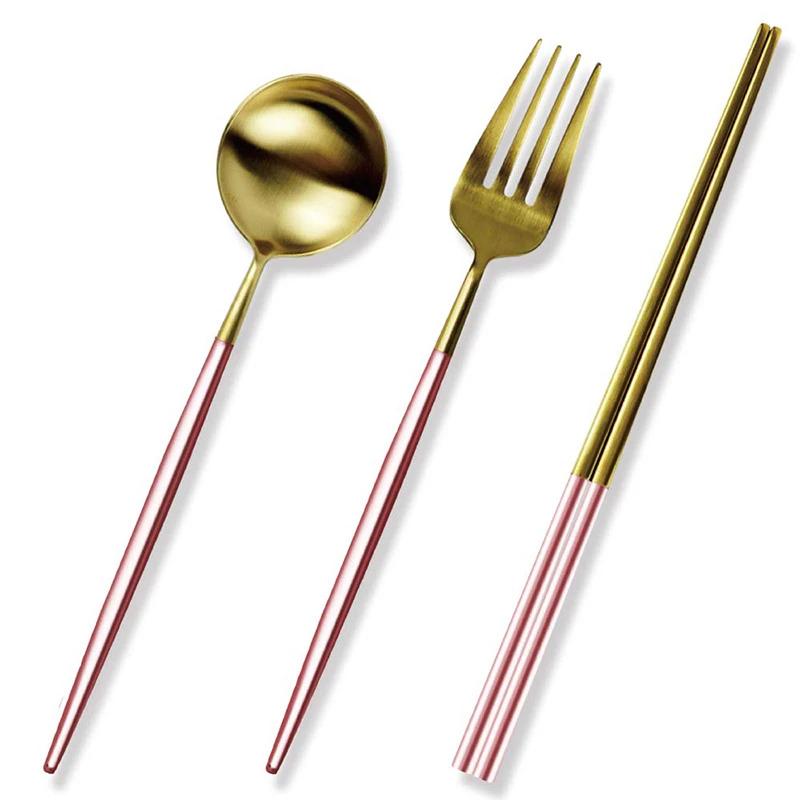 3pcs Chopstick Fork Spoon 304 Stainless Steel Metal Gold Matte Polish Flatware Cutlery Set