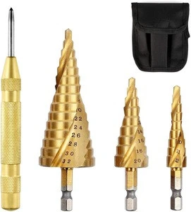 3Pcs Spiral Step Drill Bit Set with Automatic Spring Loaded Center Punch Power Tools Cone Titanium Coated Metal