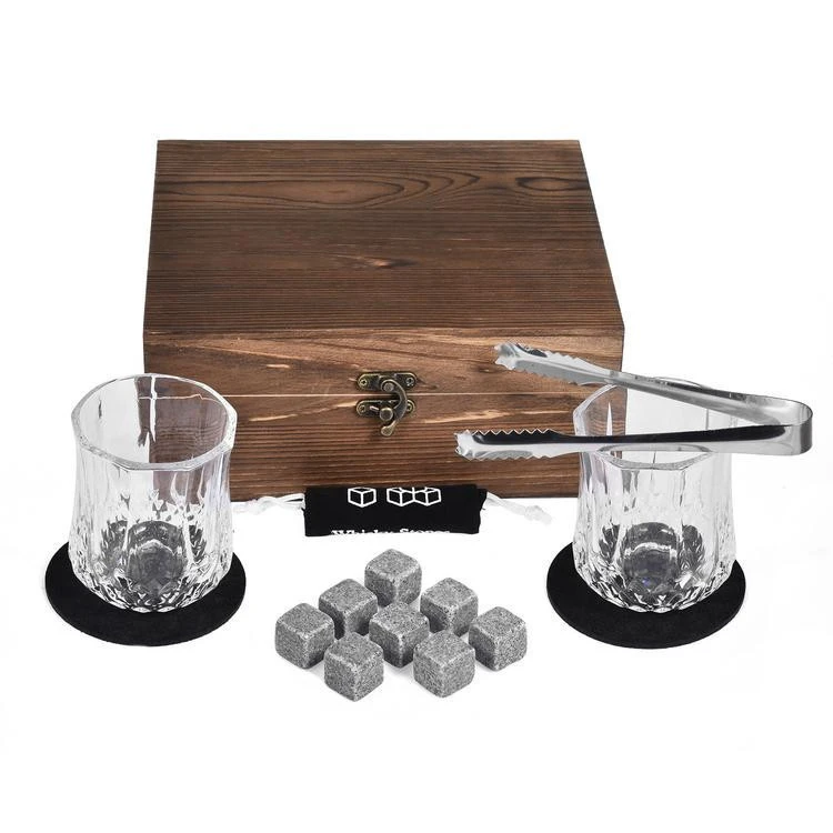 8 Whisky Stones with 2 Whiskey Glasses Tongs Wooden Gift Box Reusable ice wine stone wooden box set