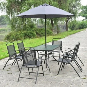 8PCS Patio Garden Set 6 Folding Chairs Table with Umbrella