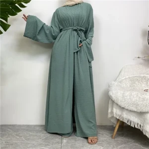 9166 Abaya Set Matching Muslim Suit Women Kimono Abayas Sleeveless Inner Hijab Dress with Pant Islam Ensemble Femme Musulmane