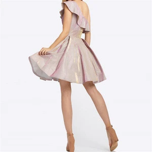 A-line single shoulder pleat sparkly mini cocktail homecoming dress for party