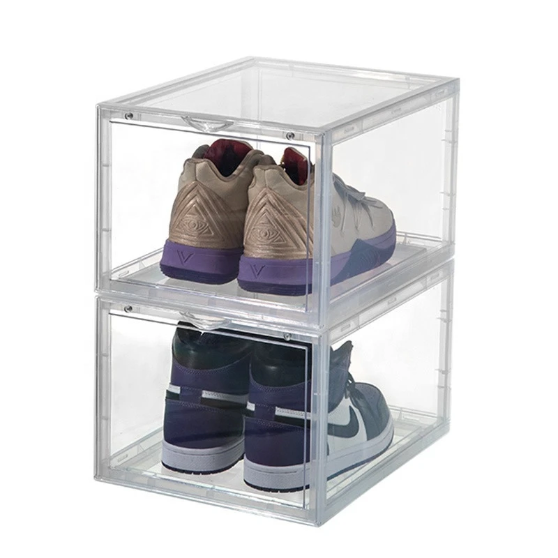 Amazon hot 2020 Drop Front custom sneaker box stackable Clear Magnetic plastic shoe box Transparent slide shoe display box