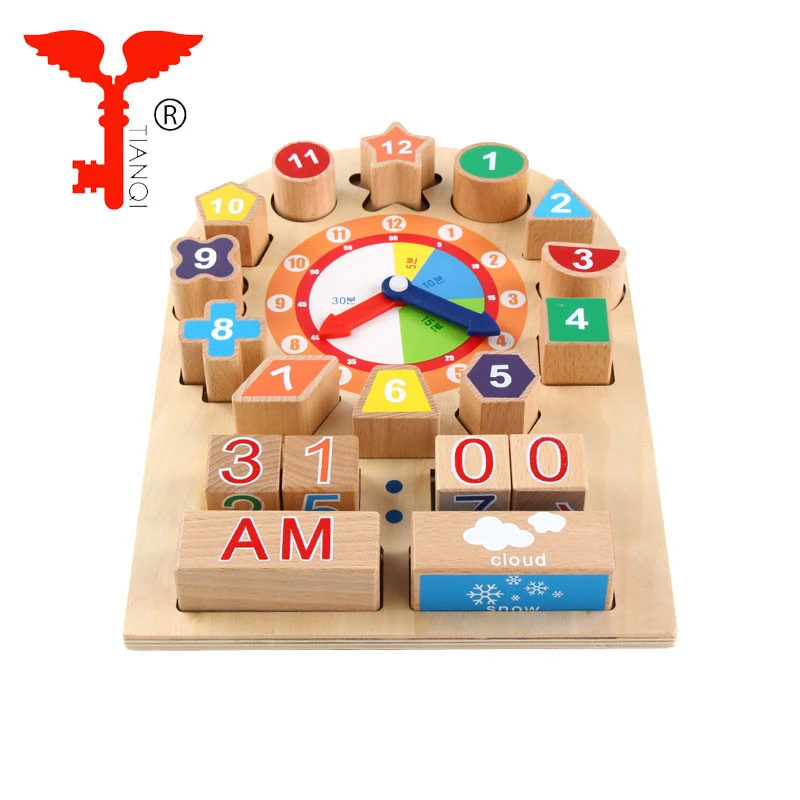 Amazon New Product Multi-Function Cartoon Digitals Identify Wooden Calendar Clock Kids Montessori Educational Wooden Toys