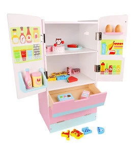 Baby activity toy montessori wooden toy pretend double door refrigerator kitchen set toy for girls