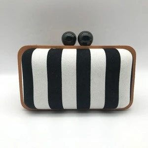 black and white striped fabric evening bag wooden frame acrylic ball ladies party clutch handbag